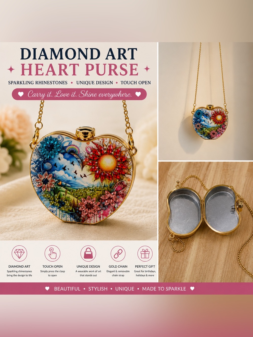 Diamond Supply Co. Heart Purse with Gold Chain — Blue, Red, Yellow, Green, Pink